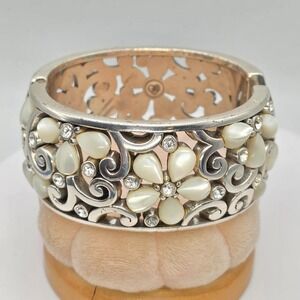 BRIGHTON "White Jasmine Flower" Bracelet Hinge Cuff MOP Crystals Silver Plate 7"